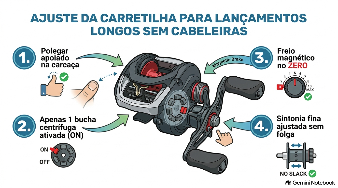 Diagrama mostrando os 4 pontos de ajuste da carretilha: polegar na carcaça, uma bucha centrífuga ativada, freio magnético no zero e sintonia fina sem folga
